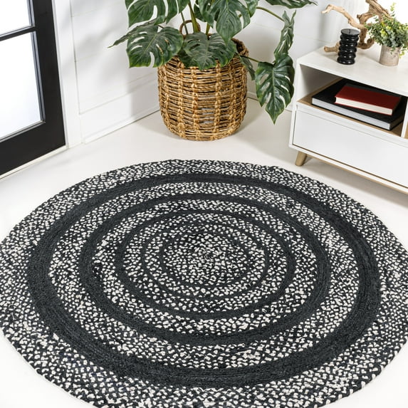 JONATHAN Y ANSA 4' Round Area Rug, Abyss Braided Bohemian Coastal Jute - Black/White, RNF117C-4R