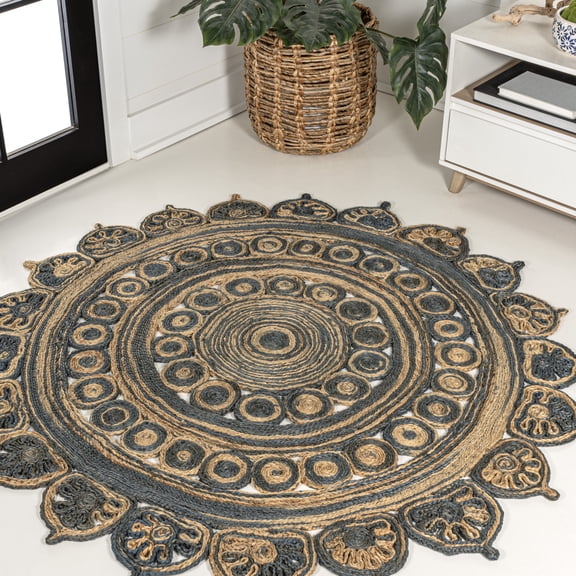 JONATHAN Y ANSA 5' Round Area Rug, Flora Medallion Bohemian Jute - Blue/Natural, RNF118A-5R