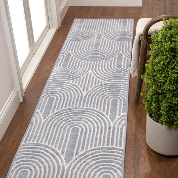 Open Box JONATHAN Y SANDSTONE 2 x 8 Runner Rug, Ariana Art Deco Striped Arches Two-Tone - Blue/White, SND100C-28