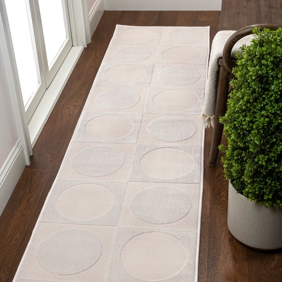 JONATHAN Y SANDSTONE 2 x 8 Runner Rug, Helena Circles In Squares - White/Cream, SND104B-28