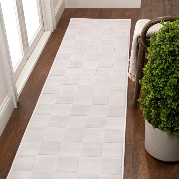 JONATHAN Y SANDSTONE 2 x 8 Runner Rug, Thea Geometric Checkerboard - White/Cream, SND103B-28