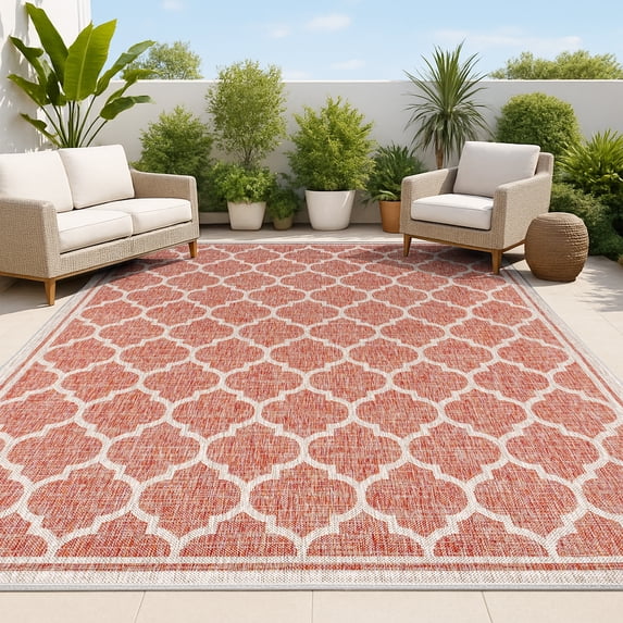 JONATHAN Y SANTA MONICA 10 x 14 Area Rug, Trebol Moroccan Trellis Textured Weave - Red/Beige, SMB109C-14