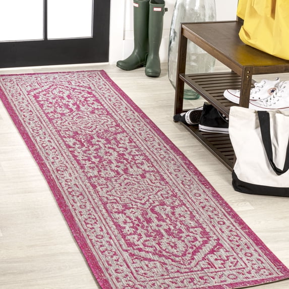 JONATHAN Y SANTA MONICA 2 x 10 Runner Rug, Sinjuri Medallion Textured Weave - Fuchsia/Light Gray, SMB101G-210