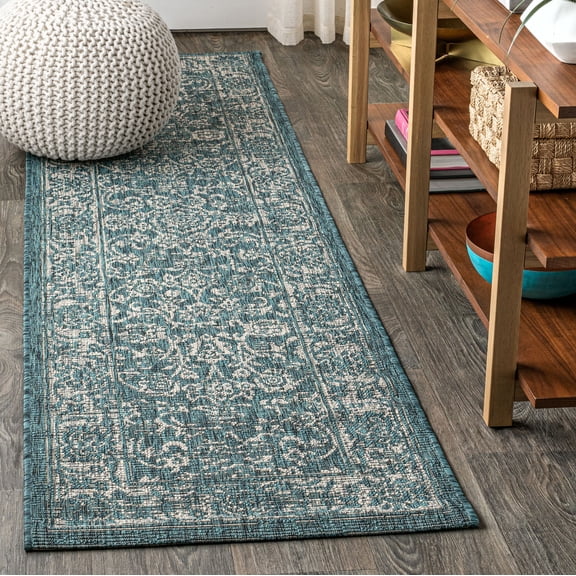 JONATHAN Y SANTA MONICA 2 x 10 Runner Rug, Tela Bohemian Textured Weave Floral - Teal/Gray, SMB100C-210