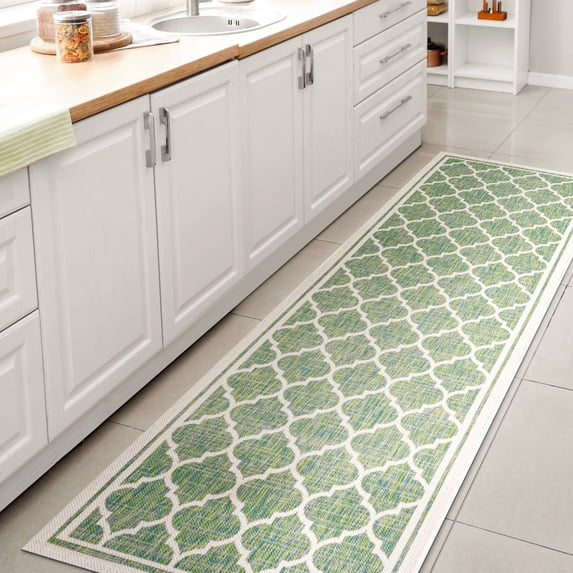 JONATHAN Y SANTA MONICA 2 x 10 Runner Rug, Trebol Moroccan Trellis Textured Weave - Cream/Green, SMB109I-210