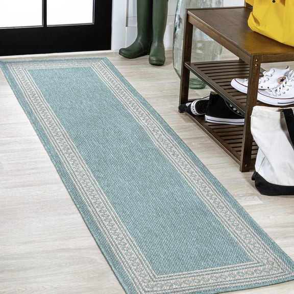 JONATHAN Y SANTA MONICA 2 x 8 Runner Rug, Lucia Diamond Border - Aqua/Light Gray, SMB207D-28