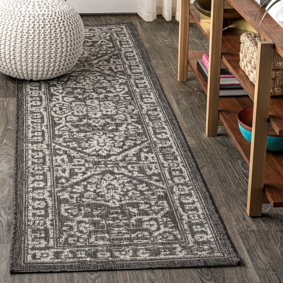 JONATHAN Y SANTA MONICA 2 x 8 Runner Rug, Malta Bohemian Medallion Textured Weave - Black/Gray, SMB104C-28