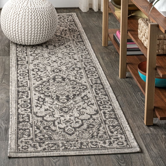 JONATHAN Y SANTA MONICA 2 x 8 Runner Rug, Rozetta Boho Medallion Textured Weave - Gray/Black, SMB102D-28