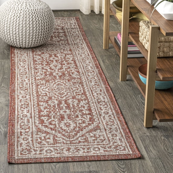 JONATHAN Y SANTA MONICA 2 x 8 Runner Rug, Sinjuri Medallion Textured Weave - Red/Taupe, SMB101A-28