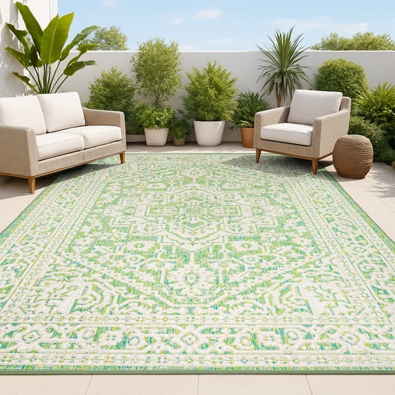 JONATHAN Y SANTA MONICA 4 x 6 Area Rug, Sinjuri Medallion Textured Weave - Cream/Green, SMB101H-4