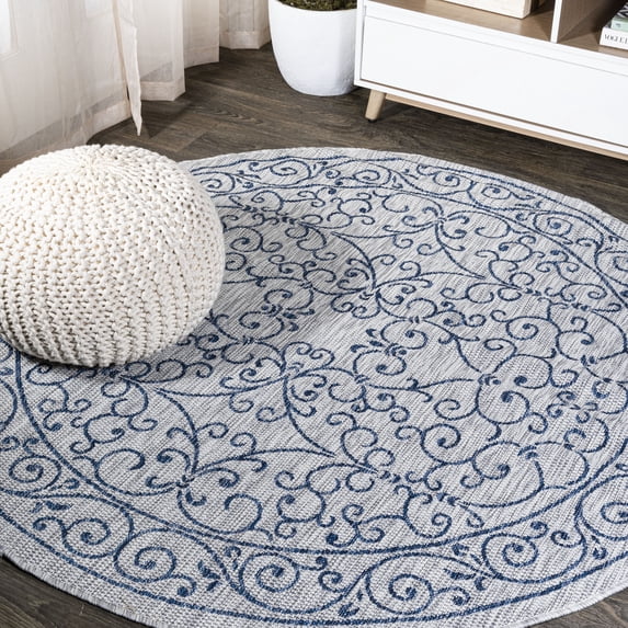 JONATHAN Y SANTA MONICA 5' Round Area Rug, Charleston Vintage Filigree Textured Weave - Gray/Navy, SMB106C-5R