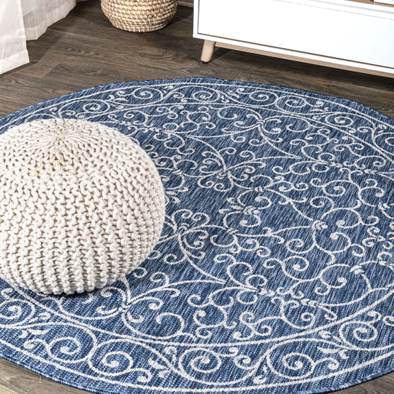 JONATHAN Y SANTA MONICA 5' Round Area Rug, Charleston Vintage Filigree Textured Weave - Navy/Gray, SMB106D-5R