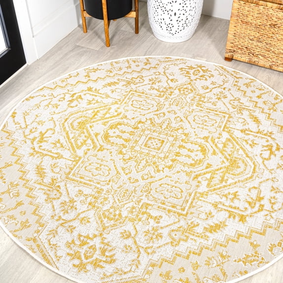 JONATHAN Y SANTA MONICA 5' Round Area Rug, Estrella Bohemian Medallion Textured Weave - Cream/Yellow, SMB105H-5R
