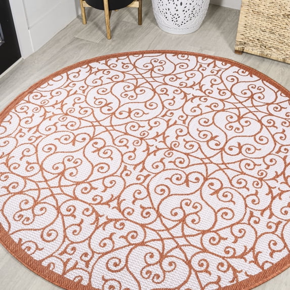 JONATHAN Y SANTA MONICA 5' Round Area Rug, Madrid Vintage Filigree Textured Weave - Cream/Orange, SMB107L-5R