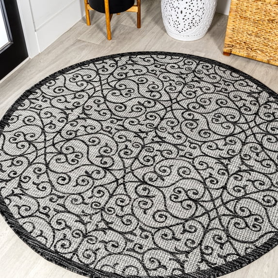 JONATHAN Y SANTA MONICA 5' Round Area Rug, Madrid Vintage Filigree Textured Weave - Light Gray/Black, SMB107E-5R