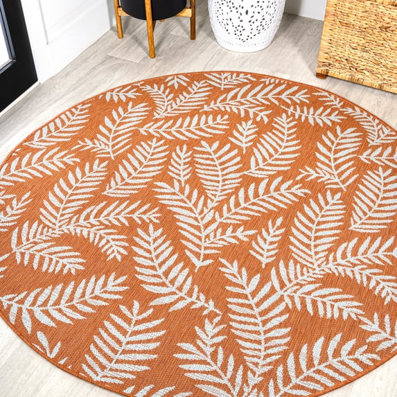 JONATHAN Y SANTA MONICA 5' Round Area Rug, Nevis Palm Frond - Orange/Cream, SMB119E-5R