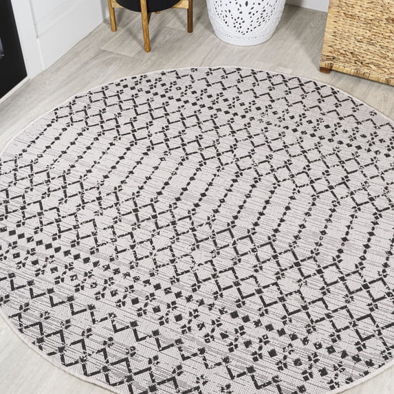 JONATHAN Y SANTA MONICA 5' Round Area Rug, Ourika Moroccan Geometric Textured Weave - Cream/Black, SMB108I-5R