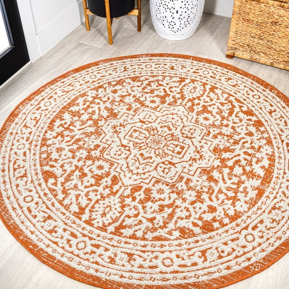 JONATHAN Y SANTA MONICA 5' Round Area Rug, Sinjuri Medallion Textured Weave - Orange/Cream, SMB101F-5R