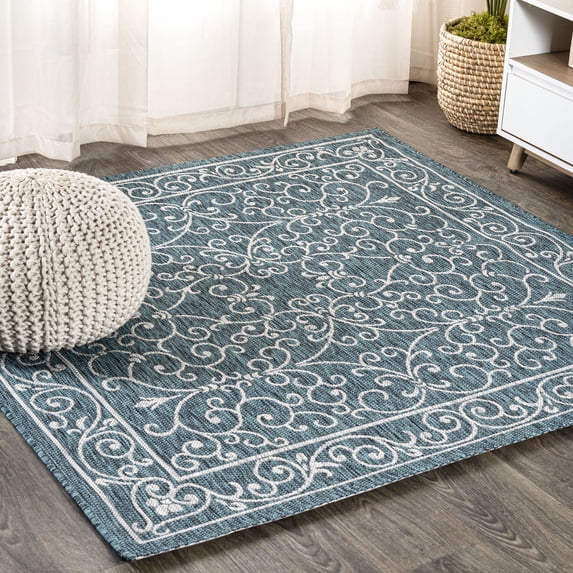 JONATHAN Y SANTA MONICA 5' Square Area Rug, Charleston Vintage Filigree Textured Weave - Teal/Gray, SMB106F-5SQ