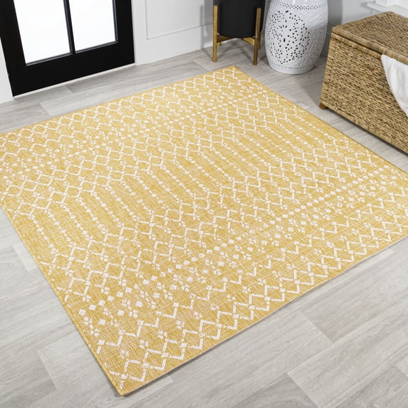JONATHAN Y SANTA MONICA 5' Square Area Rug, Ourika Moroccan Geometric Textured Weave - Yellow/Cream, SMB108G-5SQ