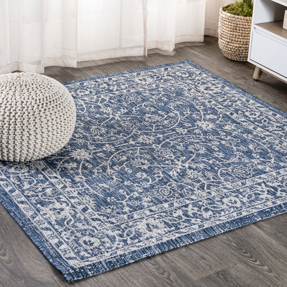 JONATHAN Y SANTA MONICA 5' Square Area Rug, Palazzo Vine and Border Textured Weave - Navy/Gray, SMB103A-5SQ