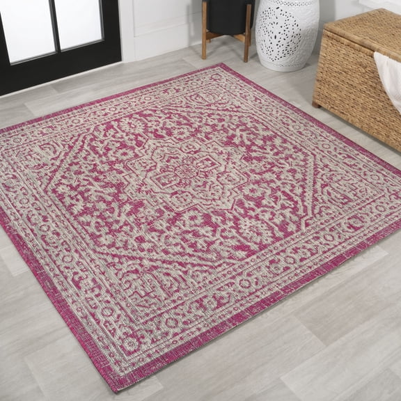 JONATHAN Y SANTA MONICA 5' Square Area Rug, Sinjuri Medallion Textured Weave - Fuchsia/Light Gray, SMB101G-5SQ