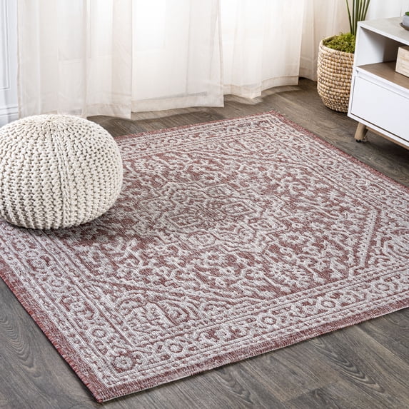 JONATHAN Y SANTA MONICA 5' Square Area Rug, Sinjuri Medallion Textured Weave - Red/Taupe, SMB101A-5SQ