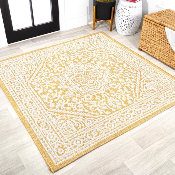 JONATHAN Y SANTA MONICA 5' Square Area Rug, Sinjuri Medallion Textured Weave - Yellow/Cream, SMB101I-5SQ
