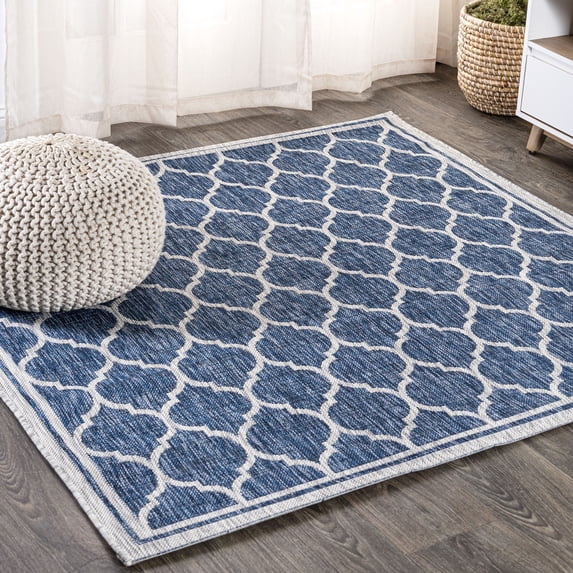 JONATHAN Y SANTA MONICA 5' Square Area Rug, Trebol Moroccan Trellis Textured Weave - Navy/Gray, SMB109D-5SQ