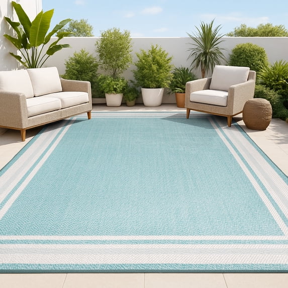 JONATHAN Y SANTA MONICA 5 x 8 Area Rug, James Border Stripe - Aqua/Beige, SMB201B-5