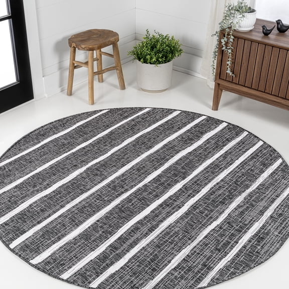 JONATHAN Y SANTA MONICA 6' Round Area Rug, Colonia Berber Stripe - Black/Ivory, SMB125E-6R