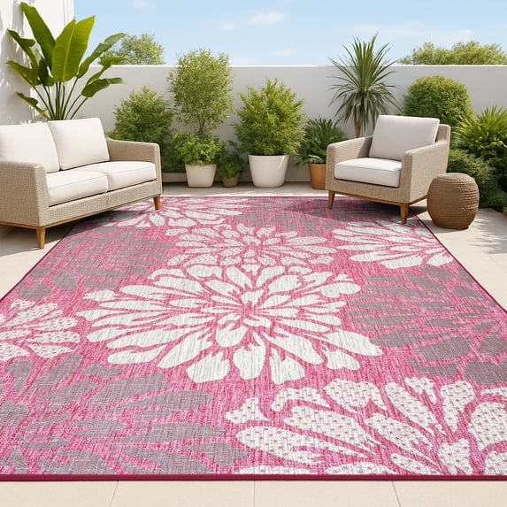 JONATHAN Y SANTA MONICA 8 x 10 Area Rug, Zinnia Floral Textured Weave - Fuchsia/Light Gray, SMB110F-8