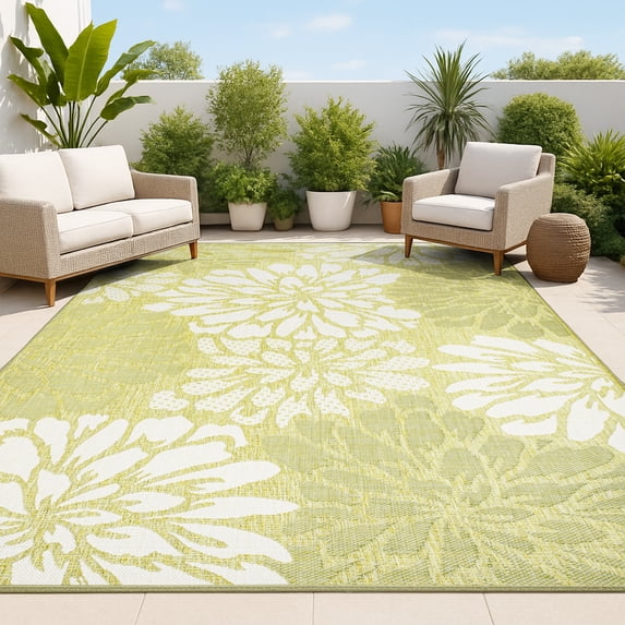 JONATHAN Y SANTA MONICA 8 x 10 Area Rug, Zinnia Floral Textured Weave - Green/Cream, SMB110H-8