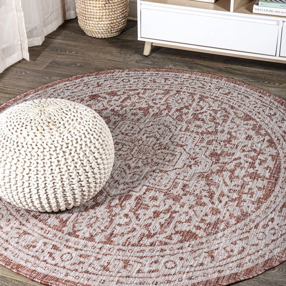 JONATHAN Y SANTA MONICA 9' Round Area Rug, Sinjuri Medallion Textured Weave - Red/Taupe, SMB101A-9R