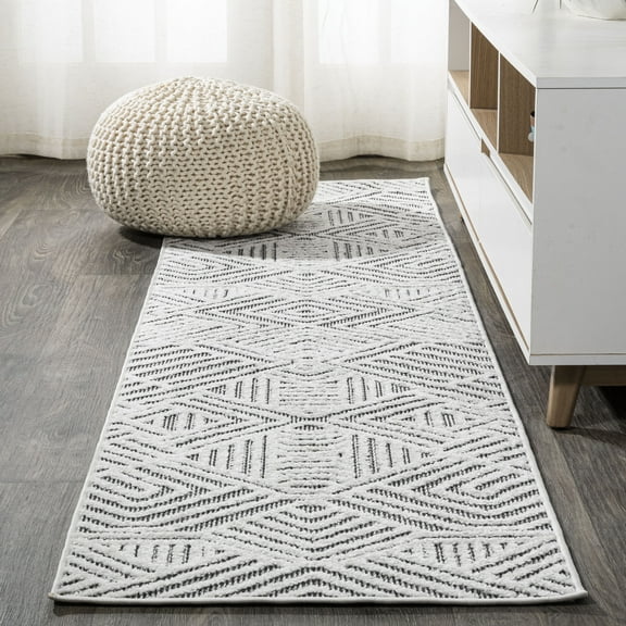 JONATHAN Y SOUTH BEACH 2 x 8 Runner Rug, Jordan Pile Art Deco Geometric - White/Black, SBH103A-28