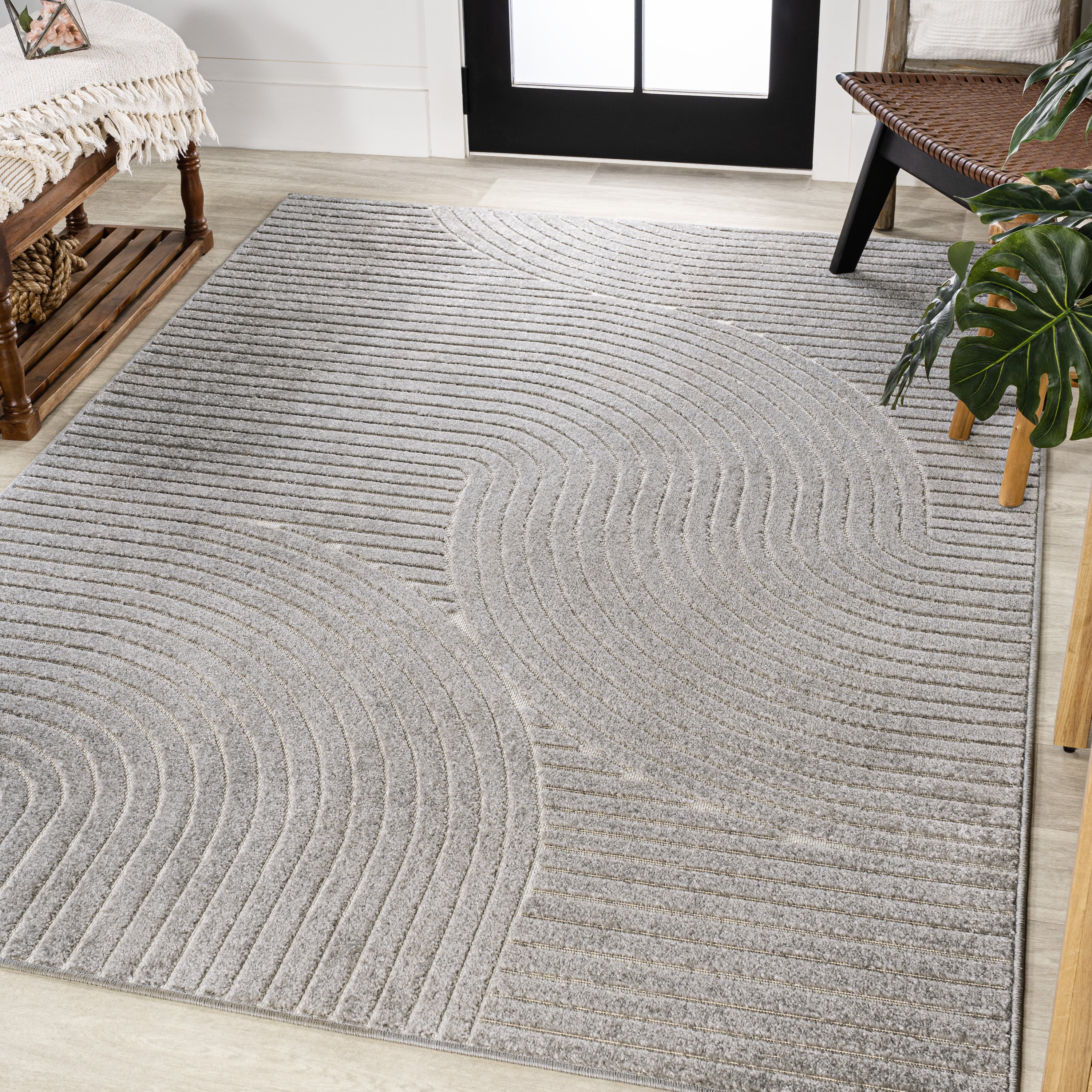 Minimalist Gray/Ivory Geometric Synthetic 5' x 8' Area Rug