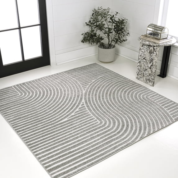 JONATHAN Y SCANDINAVIAN 7' Square Area Rug, Hallie Minimalist Curve Geometric - Gray/Ivory, SCN100A-7SQ