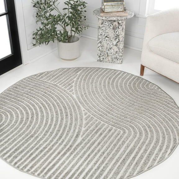 JONATHAN Y SCANDINAVIAN 9' Round Area Rug, Hallie Minimalist Curve Geometric - Gray/Ivory, SCN100A-9R