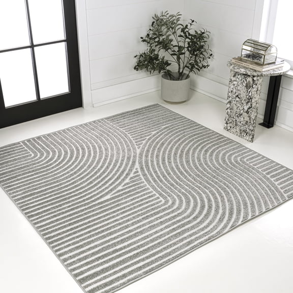 JONATHAN Y SCANDINAVIAN 9' Square Area Rug, Hallie Minimalist Curve Geometric - Gray/Ivory, SCN100A-9SQ