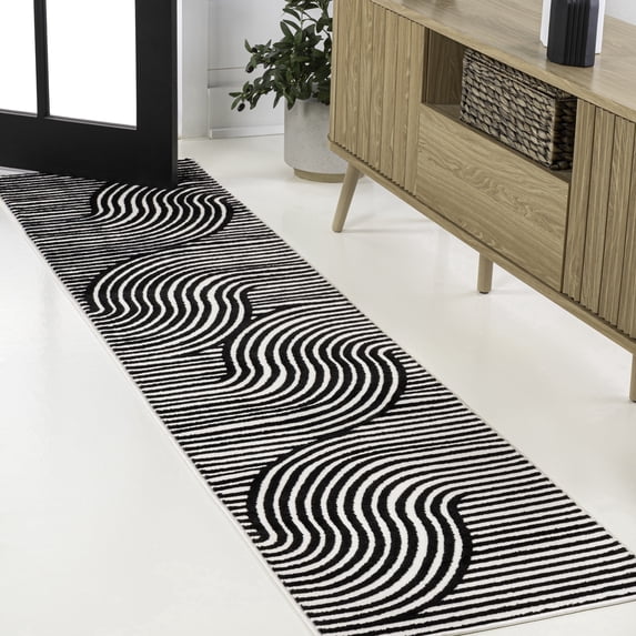 JONATHAN Y SCANDINAVIAN 2 x 8 Runner Rug, Hallie Minimalist Curve Geometric - Black/White, SCN100F-28