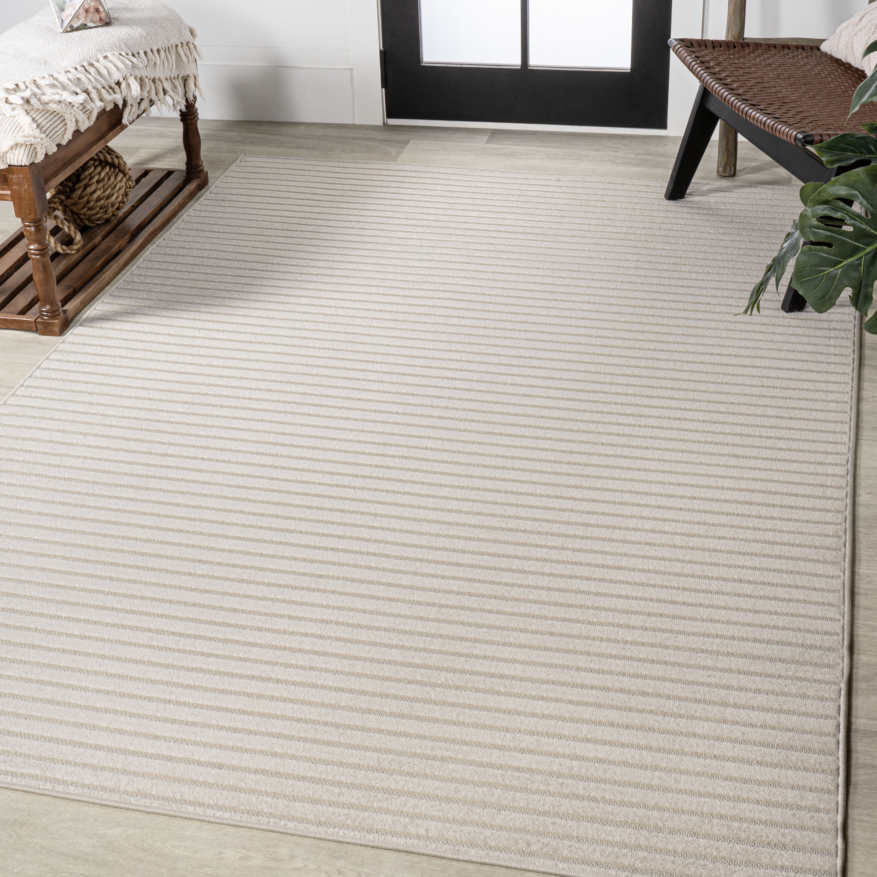 Aarhus Ivory Synthetic Striped 3' x 5' Indoor/Outdoor Rug