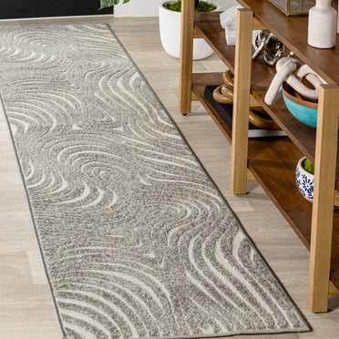 JONATHAN Y SCN103B-210 Maribo High-Low Abstract Groovy Striped Gray/Ivory 2 ft. x 10 ft. Indoor/Outdoor Runner Rug; Modern, Coastal; Bedroom, Patio, Backyard; Pet Friendly, Easy-Cleaning