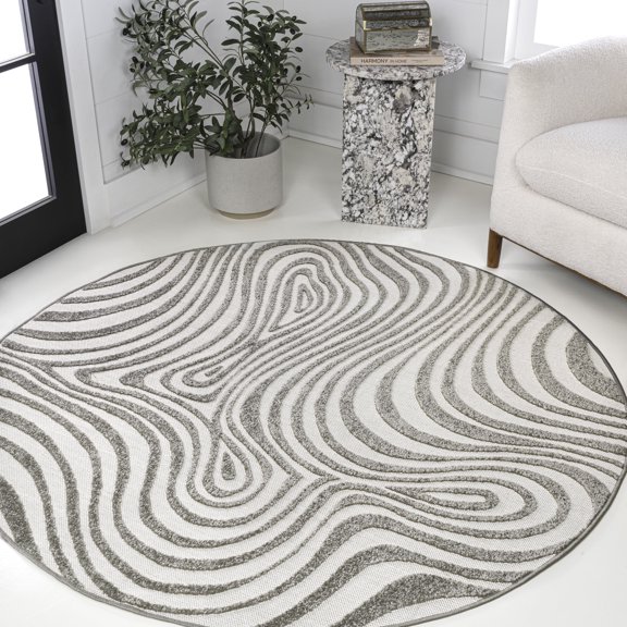 JONATHAN Y SCANDINAVIAN 6' Round Area Rug, Maribo Abstract Groovy Striped - Gray/Ivory, SCN103B-6R