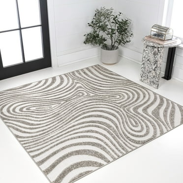 JONATHAN Y SCN103B-9SQ Maribo High-Low Abstract Groovy Striped Gray/Ivory 9' Square Indoor/Outdoor Area Rug; Modern, Coastal; Bedroom, Patio, Backyard; Pet Friendly, Easy-Cleaning