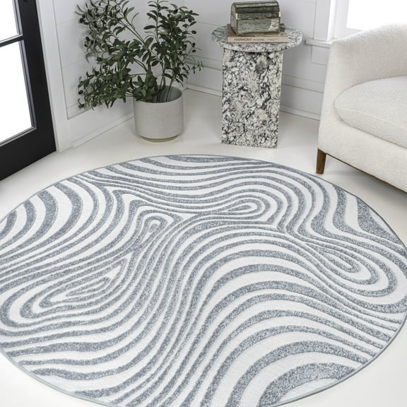 JONATHAN Y SCANDINAVIAN 5' Round Area Rug, Maribo Abstract Groovy Striped - Light Blue/Ivory, SCN103C-5R