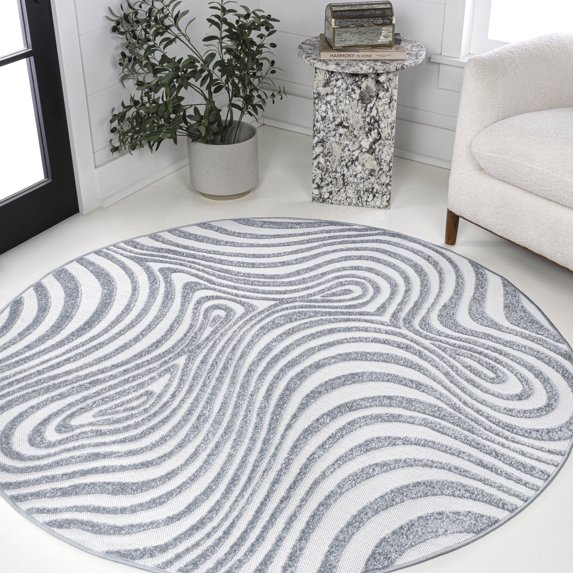 JONATHAN Y SCANDINAVIAN 7' Round Area Rug, Maribo Abstract Groovy Striped - Light Blue/Ivory, SCN103C-7R
