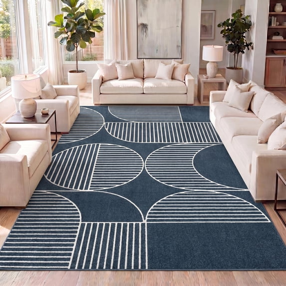 JONATHAN Y SCANDINAVIAN 3 x 5 Area Rug, Nordby Geometric Arch Striped - Navy/Cream, SCN104A-3
