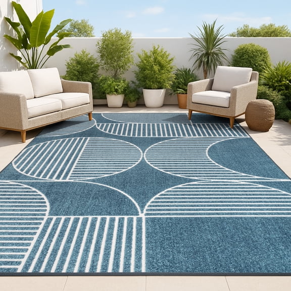 JONATHAN Y SCANDINAVIAN 5 x 8 Area Rug, Nordby Geometric Arch Striped - Navy/Cream, SCN104A-5