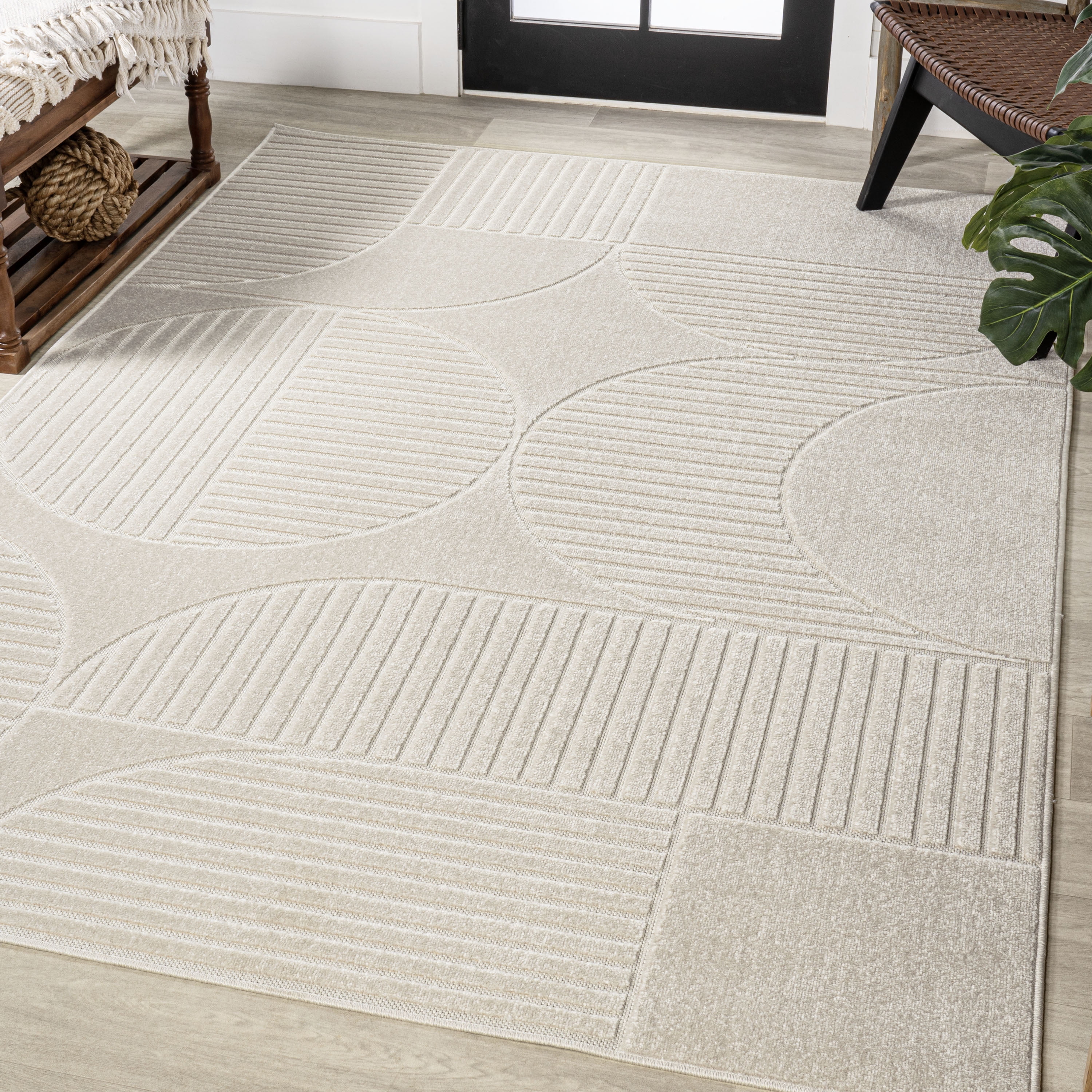 Ivory and Cream Geometric High-Low 8' x 10' Area Rug