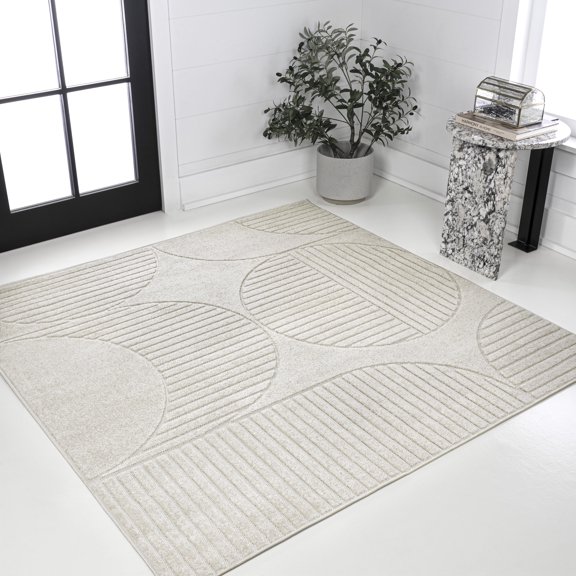JONATHAN Y SCANDINAVIAN 9' Square Area Rug, Nordby Geometric Arch Striped - Ivory/Cream, SCN104B-9SQ